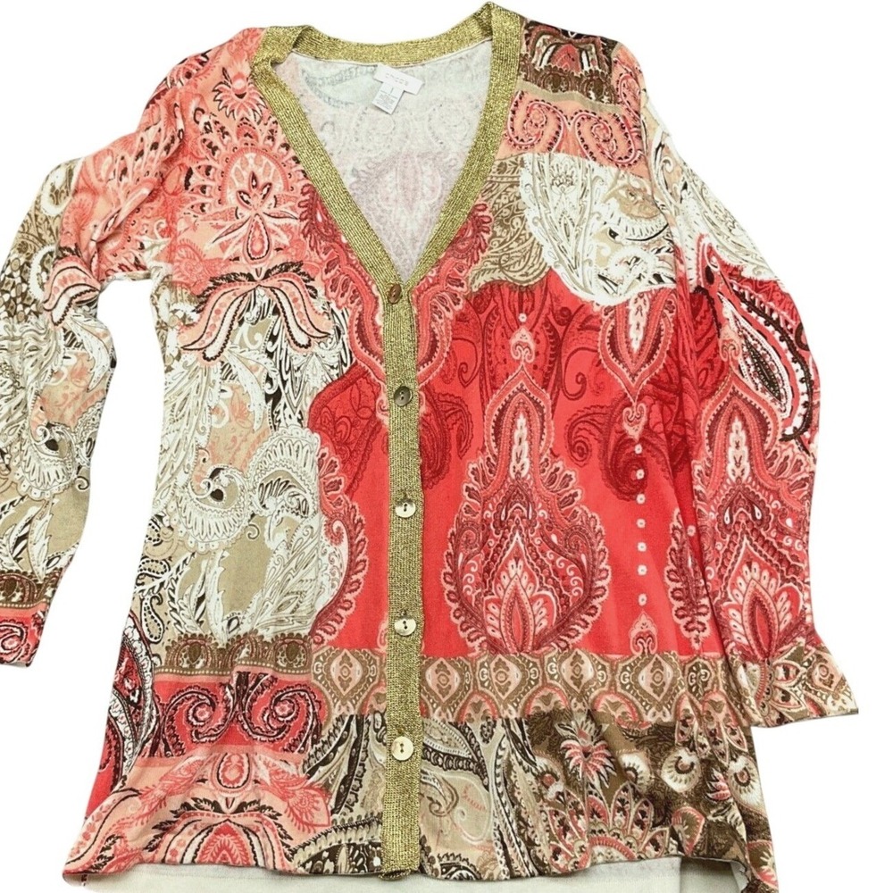 Chicos Cardigan Womens Medium 8 Paisely Beige Coral Gold Boho Vibrant Sweater